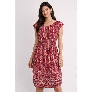 Max Studio Red White Print Dress Size XS Cap Sleeve Elastic Waist Midi